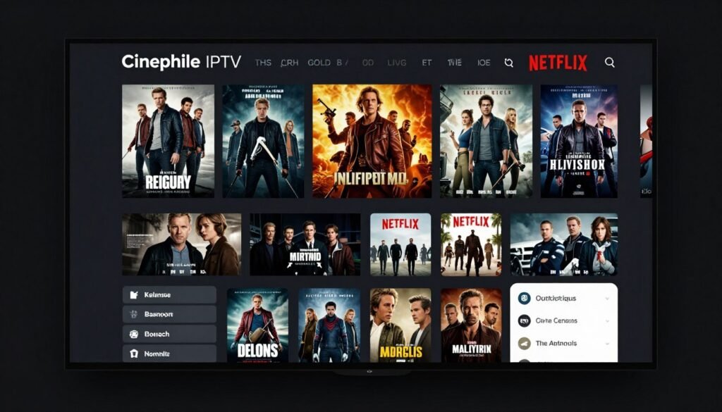 Cinephile IPTV movie library interface with latest releases and classics Cinephile IPTV movie library interface with latest releases and classics