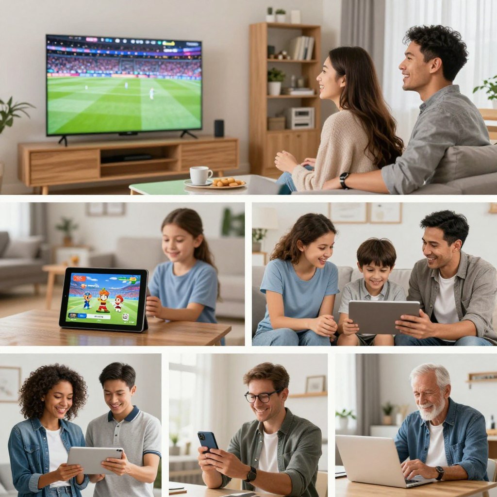 Collage of diverse happy customers watching IPTV on various devices in different settings