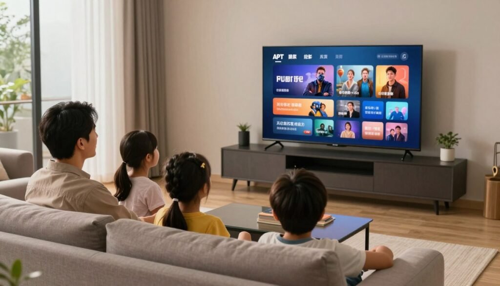 Happy family enjoying IPTV entertainment together on large screen TV Happy family enjoying IPTV entertainment together on large screen TV