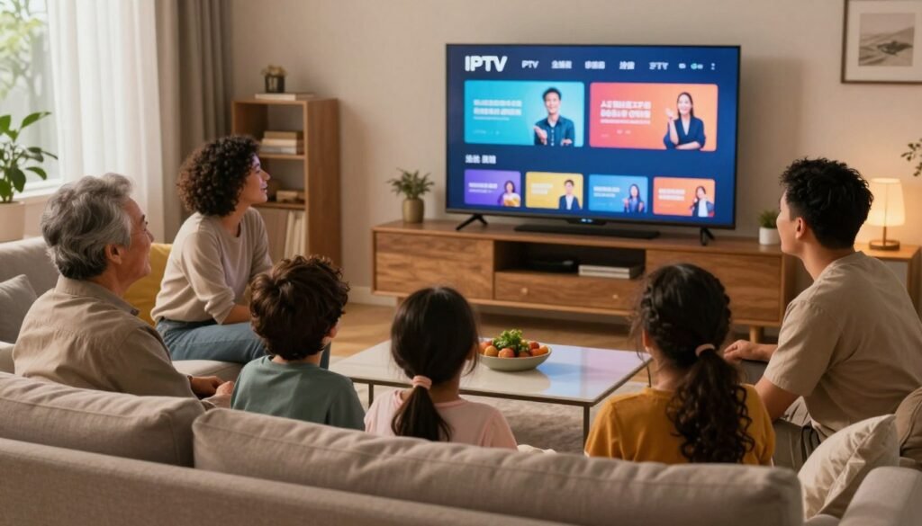 Happy family enjoying IPTV together on large screen TV showing the vibrant future of home entertainment