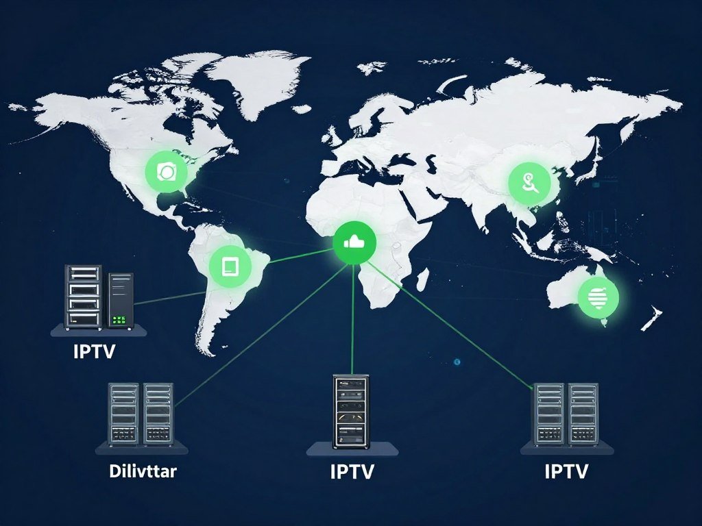 Network diagram showing IPTV server infrastructure with CDN nodes and quality indicators across different regions