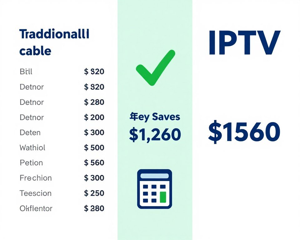 Side-by-side comparison showing traditional cable TV bill versus IPTV subscription cost with annual savings calculation