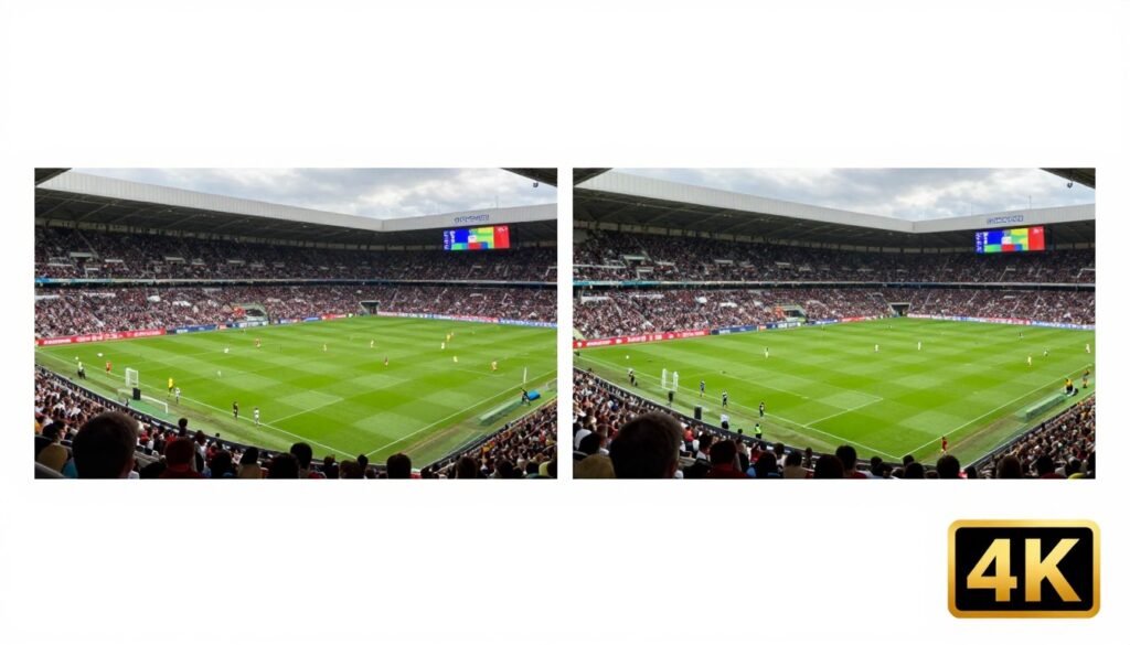 Split screen comparison showing HD vs 4K streaming quality on IPTV service with visible quality difference