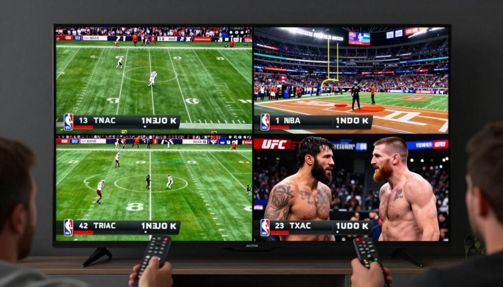 Sports fan watching multiple live games simultaneously on IPTV with split-screen view showing different sports