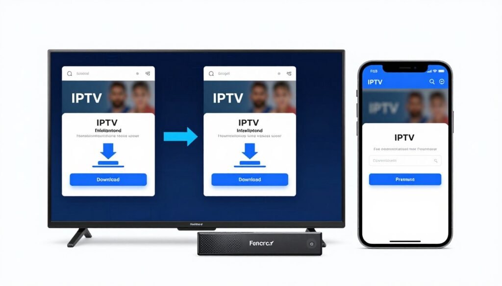 Step-by-step visual guide showing IPTV app installation process on different devices with screenshots