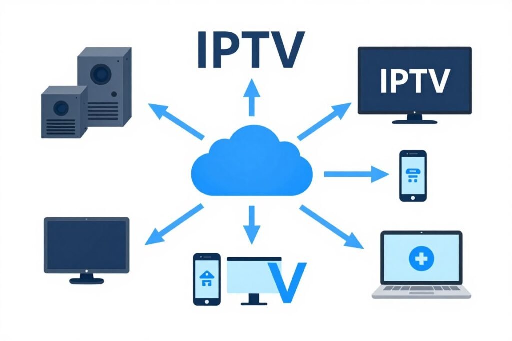 Technical diagram showing IPTV streaming workflow from content servers through internet to multiple devices