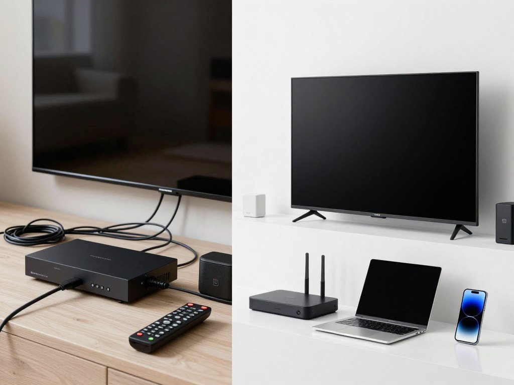 Visual comparison showing cluttered cable box setup versus clean IPTV streaming on multiple modern devices